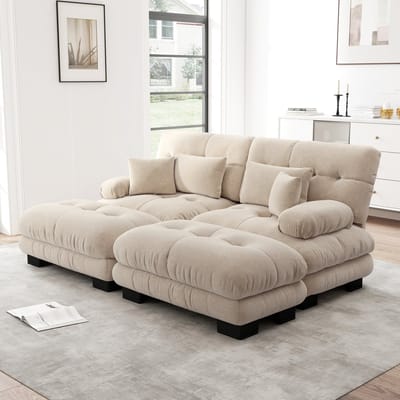 REDOM Modulaire Bank - Met Ottomans & Kussens - Voor Woonkamer - Chenille - Licht Koffiebruin - 220x145x81 cm