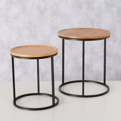 Bijzet tafel - Bamboe Hout - 2set - ijzer - Hoog 45.50cm en 38.50cm - Ø33cm en Ø40cm- Zwart - Bruin