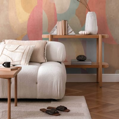 Fotobehang Profhome 791455-GU vliesbehang hardvinyl warmdruk in reliëf licht gestructureerd met abstract patroon mat oranje pastelgeel lichtblauw olijfgrijs 1,59 m x 2,8 m