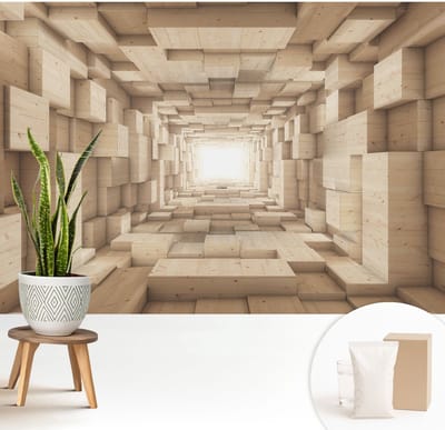 Wallfluent Behang - Houten tunnel Vliesbehang - 208x146 cm - Beige Behang - Voor natuur- en kunstliefhebbers - Behang Voor de slaapkamer, woonkamer en badkamer - Behangrol Architectuur