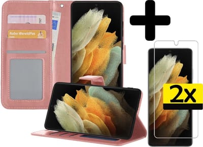 Hoesje - Met 2x Screenprotector - Geschikt voor Samsung Galaxy S21 Ultra - Luxe Pasjeshouder - Bookcase Portemonee - Flip Case - Kunstleer Book Case - Flipcase Hoes - Book Cover - Walletcase - Portemonneehoes - Telefoonhoesjes - Rosé goud