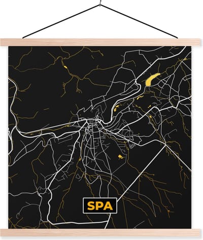 Posterhanger incl. Poster 40x40 cm - Schoolplaat - Kaart - Spa - Plattegrond - Goud - Stadskaart - Textielposter - Blanke latten - Stadskaart