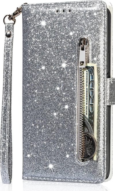 Portemonnee Hoesje - Wallet Case - Rits Sparkly Glitter - Telefoonhoes met Kord Geschikt voor: Samsung Galaxy S23 - Zilver