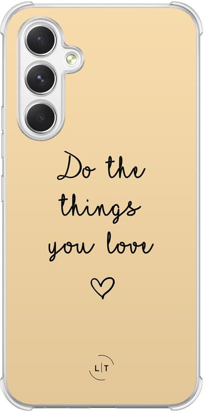 Shockproof hoesje - Geschikt voor Samsung Galaxy A54 - Do the things with love - Extra sterke case - TPU/polycarbonaat - Tekst - Geel, Transparant