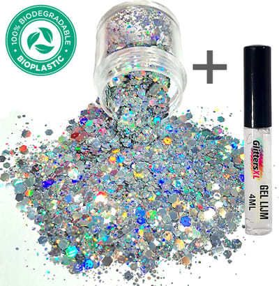 GlittersXL - Chunky Glitters (Zilver) + Glitter Huid Lijm [Volume 8g - Festival Jewels Glitter Outfit Lichaam en Gezicht - Make-up Diamond Dots Face Body - Diamantjes Strass Steentjes - Kinderen Volwassenen Dames Makeup Tattoo Mastix Schmink]