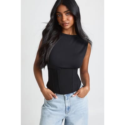 boohoo Dames Bengaline Bodysuit Met Aangegroeid Halsgedeelte En Corset Detail Met Vetersluiting Op De Rug | Zwart | Maat: 40