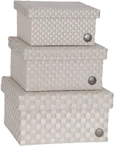 SET van 3 Opbergbox beige geruit patroon met deksel – stevige kunststof mand – decoratieve opbergdoos voor woonkamer, slaapkamer en kantoor - Handed By Cube Basket Basket size small, medium and large set 3