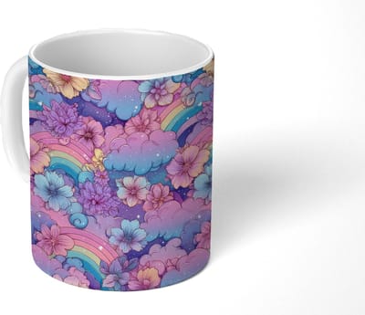 Mok - Koffiemok - Regenbogen - Bloemen - Kleurrijk - Wolken - Mokken - 350 ML - Beker - Koffiemokken - Theemok