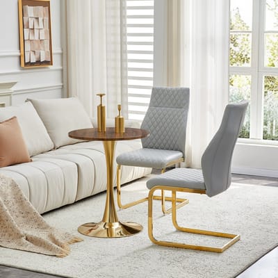 OKWISH Tafel En Stoelenset 60 Cm - Ronde Tafel Met 2 Eetkamerstoelen - Walnootlook En Goudkleurig Metaal - Lichtgrijs
