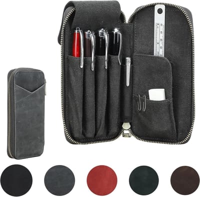Handgemaakt Leren Pennen Etui, Vintage Penhouder, Elegante Desk Accessoire, Reistas voor Pencils en Toilettas, Organizer voor Kantoorbenodigdheden, Grijs