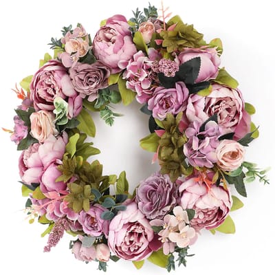 Couronne de Pivoines Artificielles Printemps Été Couronne de Fleurs Décorative pour Porte d'Entrée Mur Fête Décoration de Maison Vintage Rose Poussiéreux black
