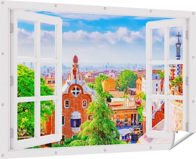 Gards Tuinposter Doorkijk Park Güell in Barcelona - Kleurrijk - 180x120 cm - Tuindoek - Tuindecoratie - Wanddecoratie buiten - Tuinschilderij
