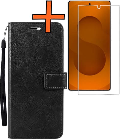 Hoes - Met Screenprotector - Geschikt voor Samsung Galaxy S25 Ultra - Luxe Pasjeshouder - Bookcase Portemonee - Flip Case - Kunstleer Book Case - Flipcase - Book Cover - Walletcase - PortemonneeHoes - Zwart