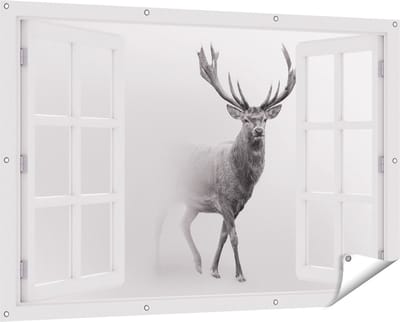 Gards Tuinposter Doorkijk Hert - Zwart Wit - 150x100 cm - Tuindoek - Tuindecoratie - Wanddecoratie buiten - Tuinschilderij