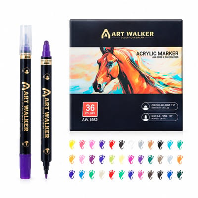 Acrylmarkers met dubbele punt - 36 kleuren - Watervast, sneldrogend en in lagen aan te brengen - Vezelpunten van 5mm en 2mm - Verpakking met 36 kleuren