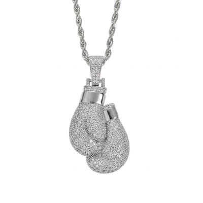 Zilverkleurige ketting met hanger in bokshandschoenvorm – ketting voor heren – fantasiehanger bezet met transparante steentjes