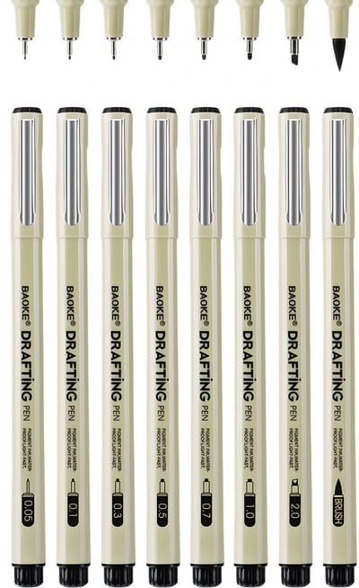 Ainy - Teken Fineliners Acht watervast - set van 8 zwart fineliner | fine liner kawaii manga / anime tekenen op schetsboek | bullet journal | handlettering | Pigment liner penselen | calligraphy pennen