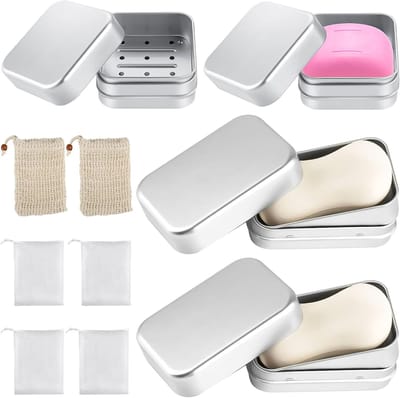 Set van 4 Aluminium Zeepdozen voor Reizen met 6 Sisal Zeepzakjes en RVS Afwasrek voor Thuisgebruik en Solid Zeep (Zilver)