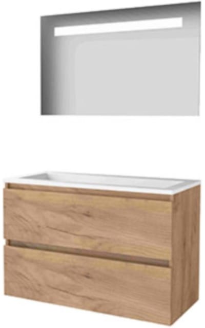 Basic-Line Economic 46 Badkamermeubelset - 100 x 46 cm - Greeploos - 2 Lades - Acryl Wastafel - Zonder Kraangat - Spiegel met LED Verlichting - Whisky Oak