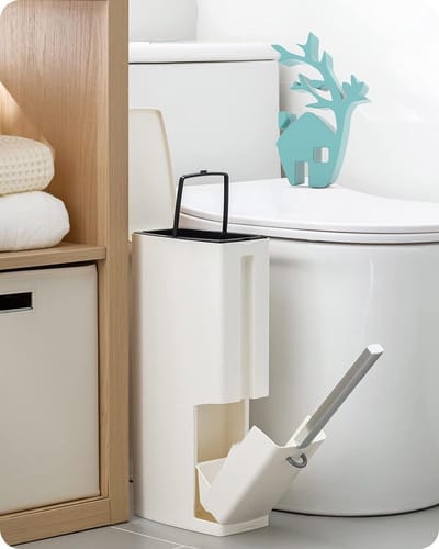 Toiletborstel en afvalemmerset - badkamer WC-houder met bocht - Multifunctionele 4 in 1 - 2L prullenbak - Tissuebox voor badkamer (wit)
