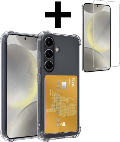 Hoesje - Geschikt voor Samsung Galaxy S24 - Met Screenprotector - En Pashouder - En Kaarthouder - Telefoon Hoes Shockproof - Siliconen Case - Back Cover - Shock Proof - Pasjes Houder - Telefoonhoesjes - Transparant