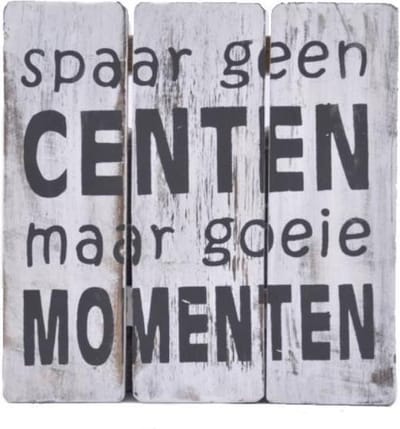 Houten Tekstplank / Tekstbord 20cm "Spaar geen centen maar goeie momenten" - Kleur Antique White
