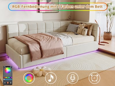 Kinderbed Gestoffeerd Bed 90 x 200 cm Dagbed, Slaapbank Eenpersoonsbed met LED en USB-oplaadpoort en hydraulische opbergruimte, Dagslaapbank met rugleuning en lattenbodem, Zonder matras, Fluweel, Beige (Gesplitst voor 2 pakketten voor verzending)