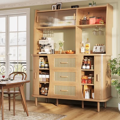 OKWISH Buffetkast – Met Glas Schuifdeuren En 3 Laden – 140x40,5x174,5 cm – Veel Opbergruimte Voor Keuken En Eetkamer – MDF Houtkleur
