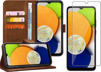 Hoesje geschikt voor Samsung A03 - Book Case Kunstleer Wallet Cover Portemonnee Pasjeshouder Hoes Bruin - Tempered Glass Screenprotector