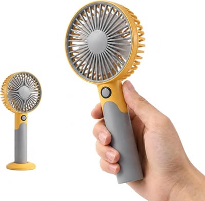Draagbare handventilator, superkrachtige koelventilator met 6 snelheden, 2-in-1 bureau-/handventilator met oplaadbare USB-batterij, mini-persoonlijke ventilator met standaard, geschikt voor kantoor, reizen en kamperen (geel + grijs)