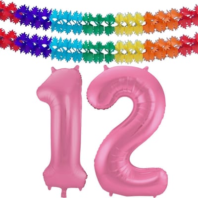 Folat Verjaardag Leeftijd folieballon - 12 jaar - roze - 86 cm - cijferballon groot - incl 2x feestslingers