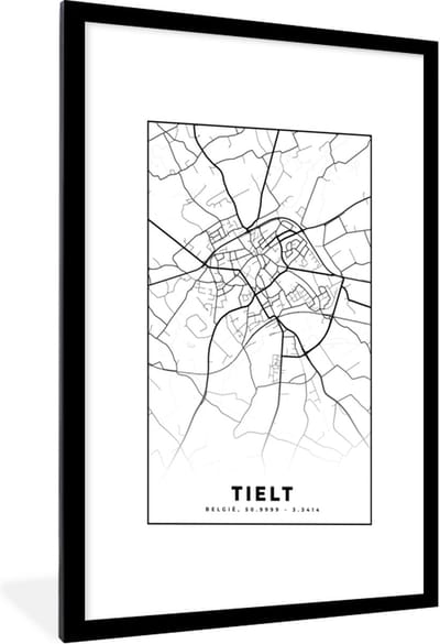 Fotolijst incl. Poster Zwart Wit- Kaart – Plattegrond – Stadskaart – Tielt – België – Zwart Wit - 60x90 cm - Posterlijst