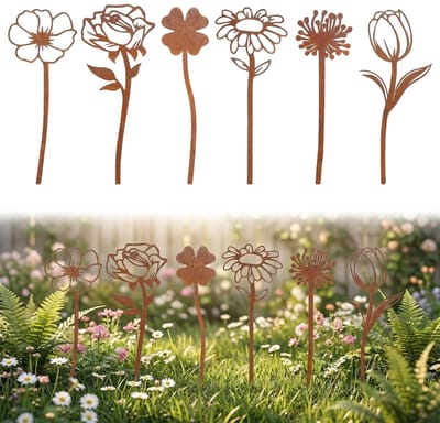 Tuinstekers, roest, tuindecoratie, buiten, lente, decoratie, roestdecoratie voor tuin, metalen bloemensteker, vintage look voor balkondecoratie, gazon, binnenplaats, bloempot