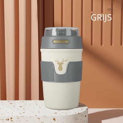 Floraweg Cup - Drinkbeker To GO- Lekvrij Dubbelwandig ,RVS 316, Thermosbeker Koffiebeker- Koffie en Thee - 400ml Waarschuw en koud drankje- Grijs