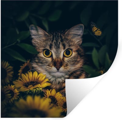 Muurstickers - Sticker Folie - Kat - Geel - Bloemen - Botanisch - 100x100 cm - Plakfolie - Muurstickers Kinderkamer - Zelfklevend Behang XXL - Zelfklevend behangpapier - Stickerfolie
