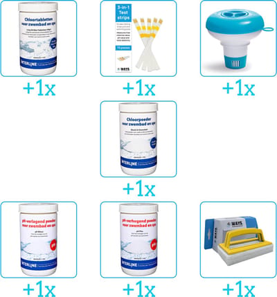 Zwembad Onderhoudspakket - Onderhoud Zwembad - bevat Chloor - Testrips - Chloordrijver - Chloor - PH-min - PH-plus en Scrubborstel (7-delig)