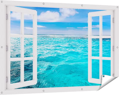 Gards Tuinposter Doorkijk Blauwe Caribische Zee Water - 150x100 cm - Tuindoek - Tuindecoratie - Wanddecoratie buiten - Tuinschilderij