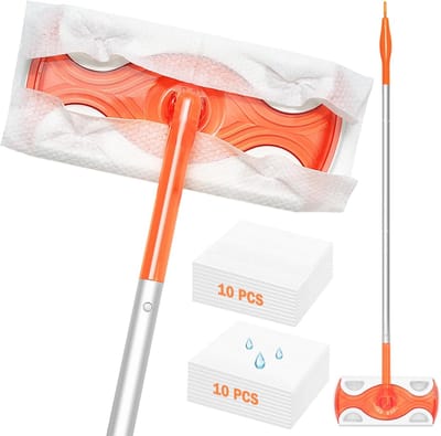 Veegmachine Lange Steel - Dweil Set - Vloeren Schoonmaken - Draaibare Kop - 132 cm - Oranje