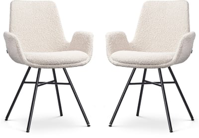 Nolon Noa-Eef Eetkamerstoelen Set van 2 Bouclé Beige - met Armleuning - Stof - Zwart Metalen Onderstel - Lage Armleuning - Industrieel - Design