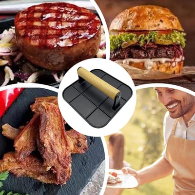Burgerpers - Vleespers Grill - Thuis Grillen - Hittebestendig Handvat - 16.5 cm - Zwart