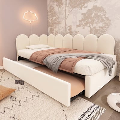 MODFU Bedframe 90x200 cm – velvet beige – met uitschuifbed 90x190 cm en lattenbodem – dagbed met logeerfunctie