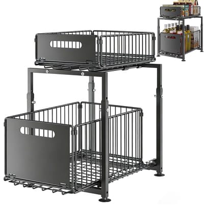 Fokelyi Gootsteenkast Organizer- Keukenkast Organizer - Aanrecht Organizer - Dubbellaags Opbergrek – Schuiflades - Kast Organizer - Keukenrek – Metaal – Antislip - Gootsteenkastrek Uitschuifbaar - Organizer Lade Organizer Zwart
