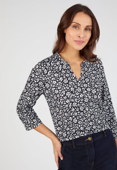 Damart - T-shirt getextureerde stof bloemen - Dames - Zwart - XS