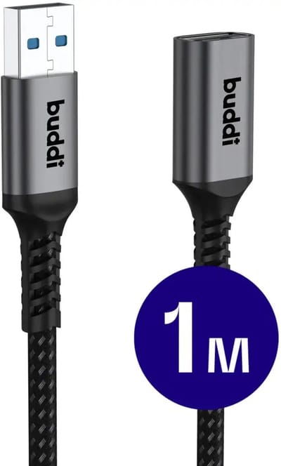 Buddi Flex | USB-A naar USB-A Verlengkabel | USB 3.0 | Female naar Male | Geschikt voor printers, telefoon, USB-sticks, harde schijven en meer | USB Verlengsnoer | Gevlochten Nylon | 1M | Zwart