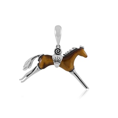 Cavill - Zilveren hanger 925 Sterling Zilver - 10,755 ct Tijgeroog Fancy Cabochon - Paard design - Geoxideerd Natuursteen Sieraad
