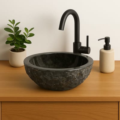 Lendo Online Wastafel rond 40x40x15 cm Marmer - natuursteen grijs - wasbak voor badkamer en toilet - spoelbak - waskom - unieke vorm en kleur!