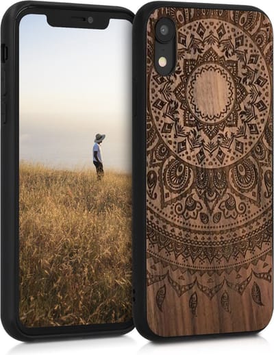 kwmobile telefoonhoesje geschikt voorApple iPhone XR - Hoesje met bumper - hout - In donkerbruin Indian Sun design