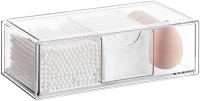 Organizer voor Wattenstaafjes met 3 Lades - Stapelbare Cosmetica Organizer voor Badkamer en Make-up Opslag, Transparant en Verwijderbaar