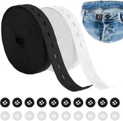 Elastische set met knopen om te naaien, hoogwaardig elastiek met 20 knopen van hars, 14 m elastiek in wit en zwart, voor het personaliseren van kleding en accessoires (breedte 20 mm)