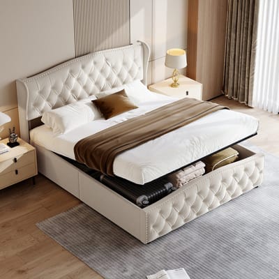 Opbergbed 140x200 cm met hoofdbord en lattenbodem - In hoogte verstelbaar - Gestoffeerd Tweepersoonsbed - Bed met hydraulische opbergruimte onder het bed - met klinknagels - fluweel Beige